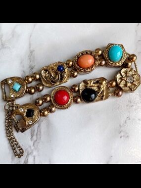 Vintage Victorian Revival Slide Charm Bracelet Goldette (?)